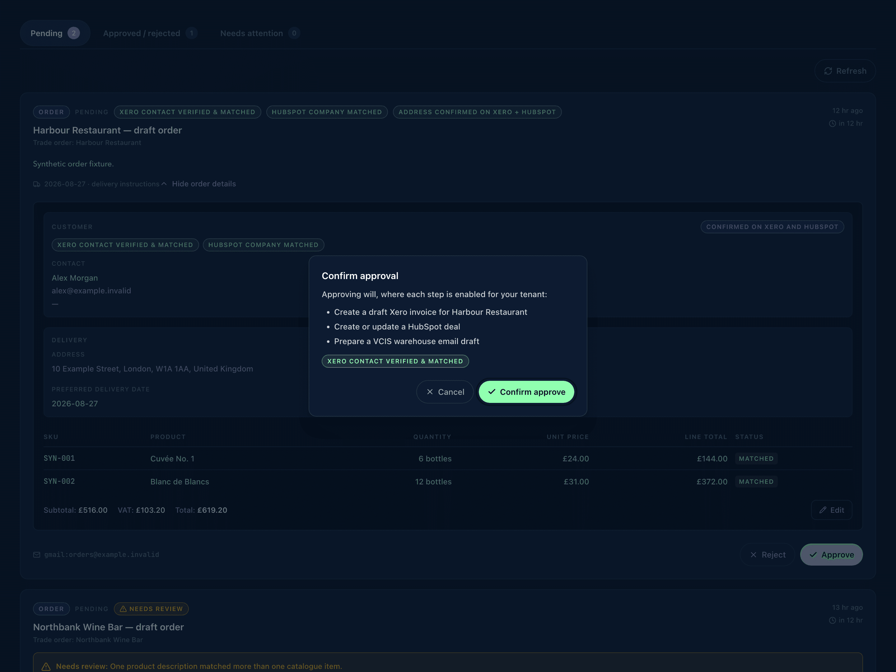 Conducta approval confirmation showing planned draft outputs for a synthetic order